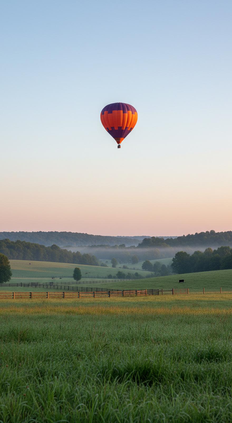A balloon with an orange middle band and a deep purple crown high in a pale dawn sky over dewy pasture, board fences and mist in the hollows of Middle Tennessee hills