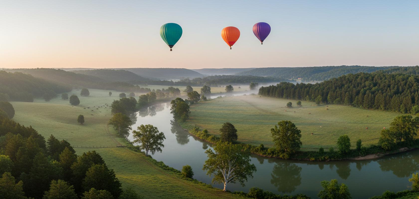 Teal, orange and violet balloons in a pale sunrise sky above a tree-lined river bend, misty pasture, grazing cattle and a white-barked sycamore