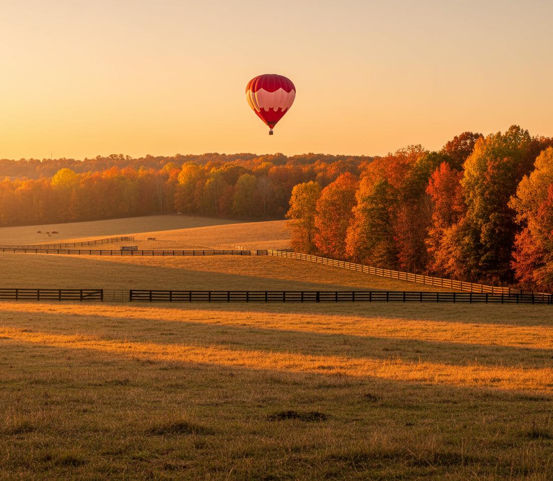 A red balloon with a pink scalloped band in golden evening light above rolling pastures, dark board fences, long shadows and autumn trees