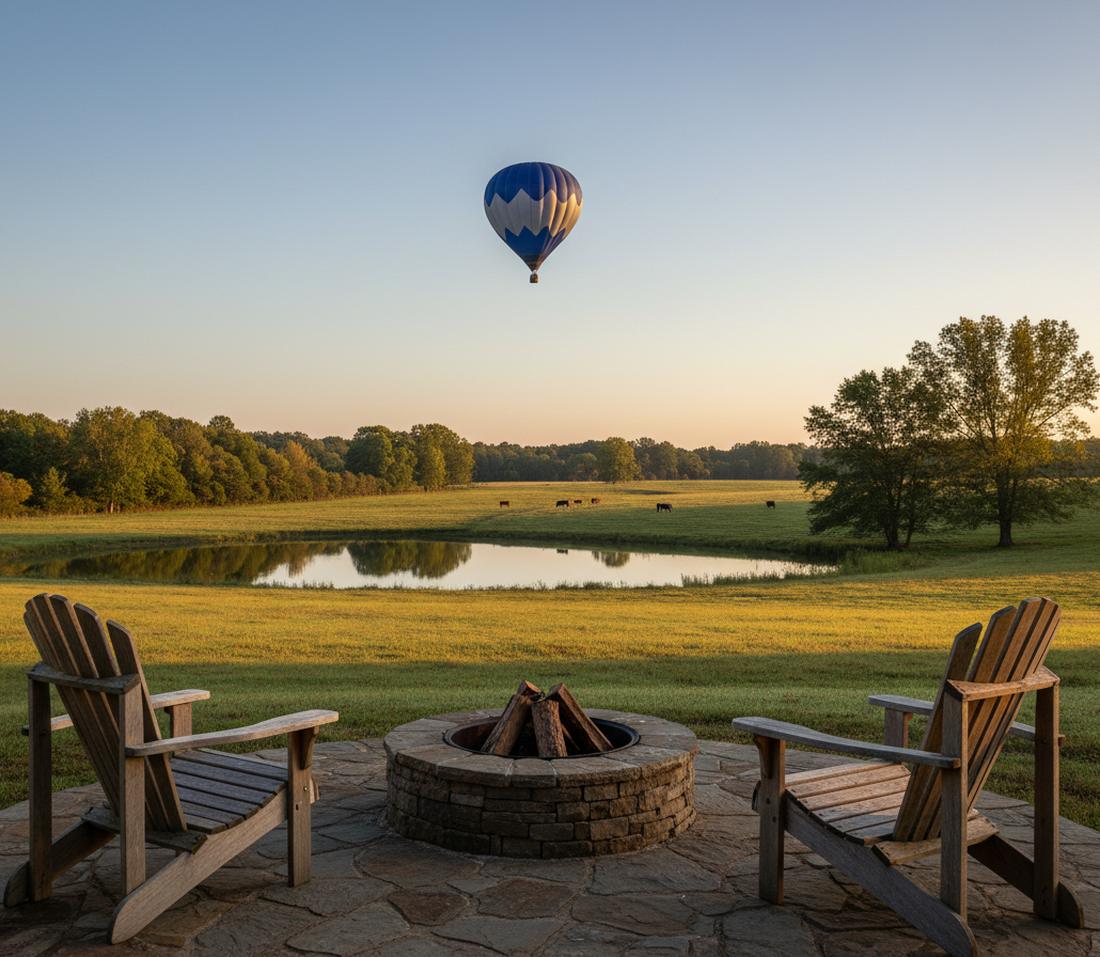 Two wooden chairs and a stone fire pit on a flagstone patio looking over a pasture and pond, a navy and white balloon in the clear sunrise sky