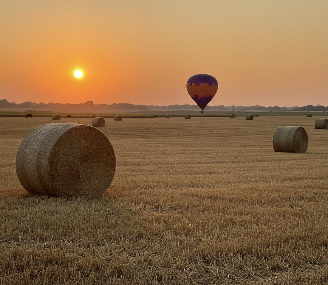 A purple balloon with an orange band low over a harvested field of round hay bales, a low orange sun in a hazy sunset sky